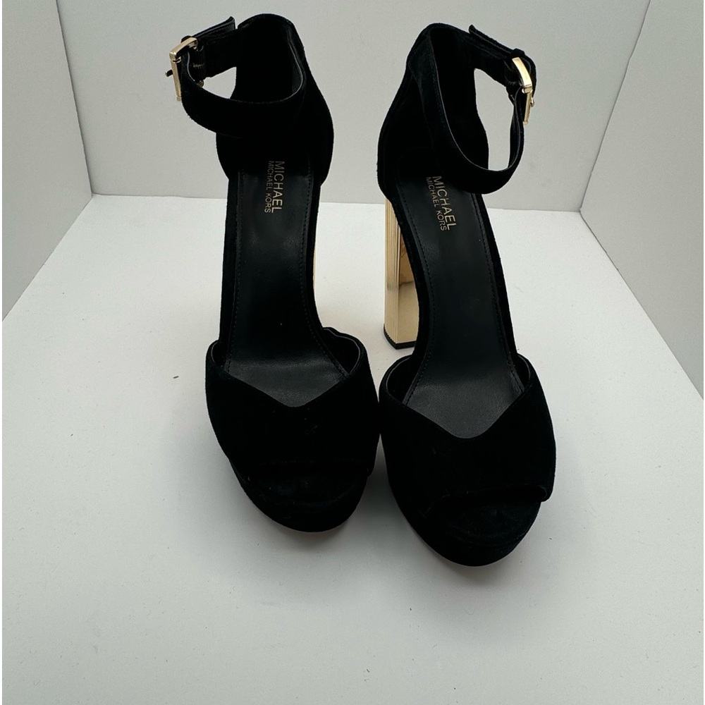 Micheal Kors Suede platform shoes with Gold heels.